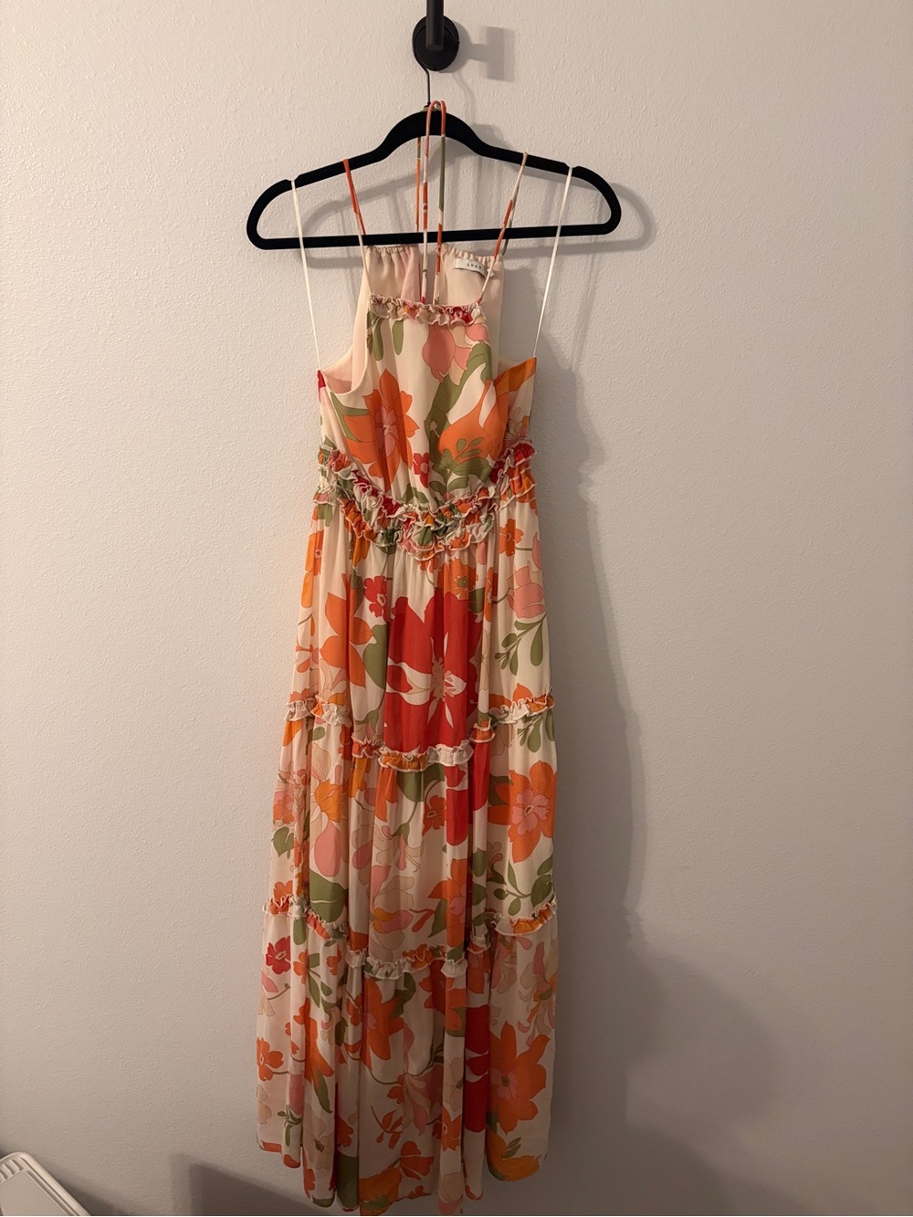 Lush Floral Tiered Maxi Dress — Cream Orange Pink
